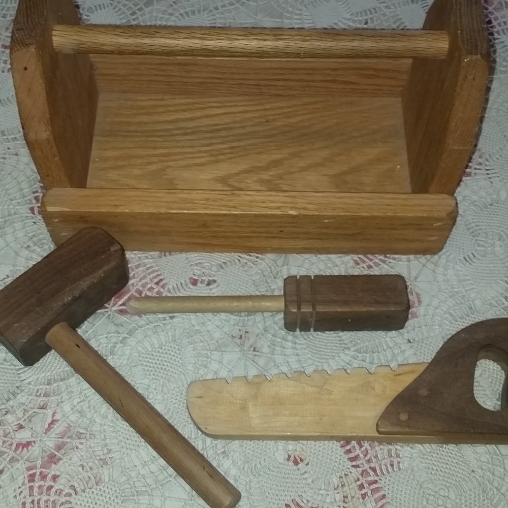 Vintage handmade wooden tool box toy